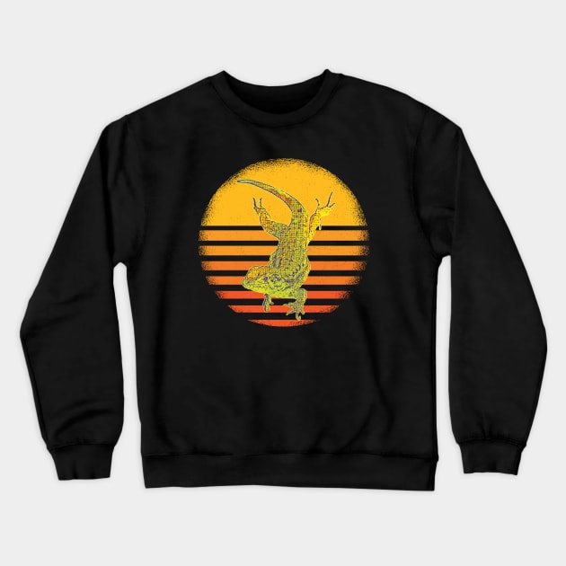 Lizard Chilling Hanging out Retro Sunset Background Crewneck Sweatshirt by Rosemarie Guieb Designs